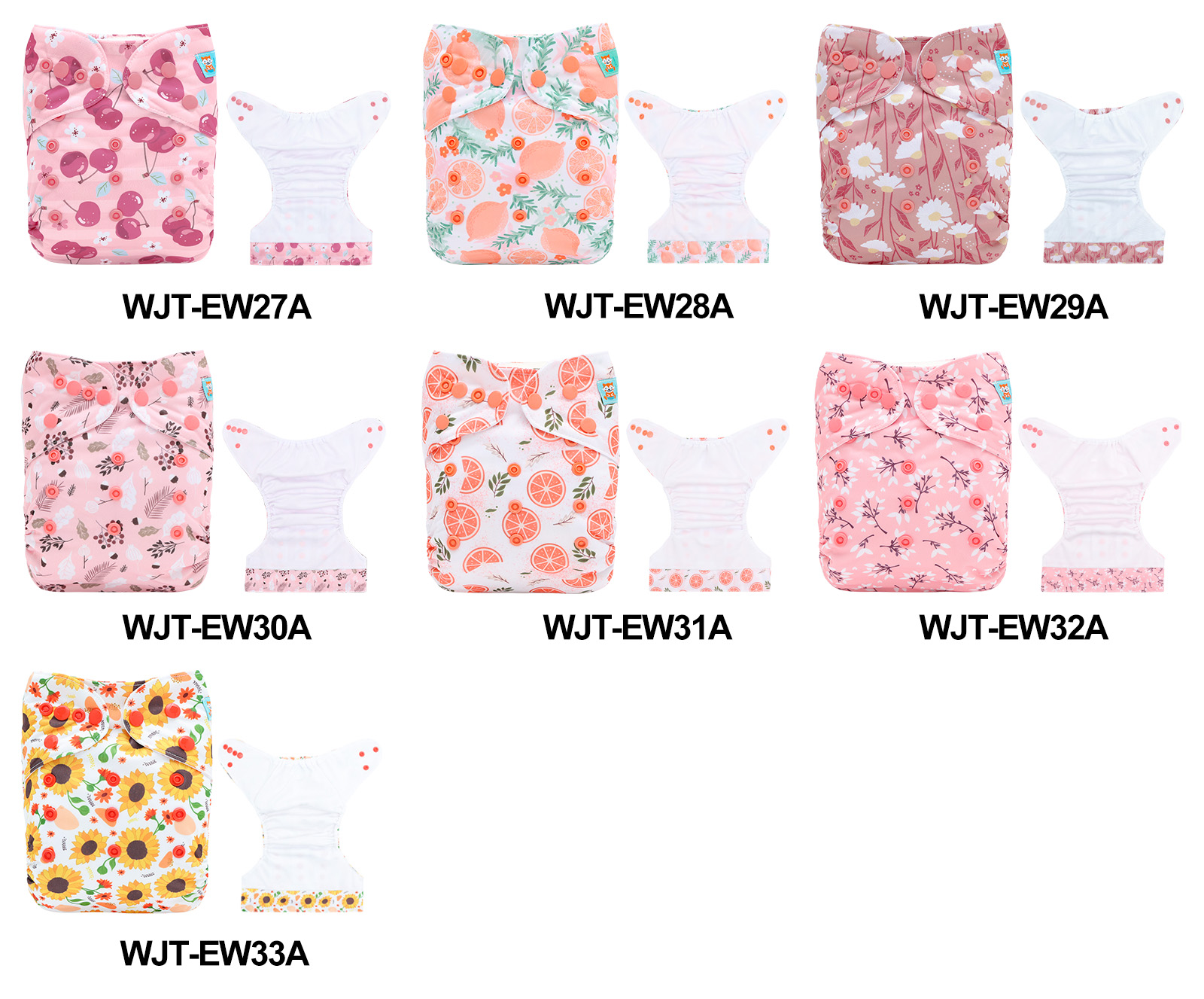 (Various Patterns) AWJ Cloth Diaper with Tummy Panel come with 4-layers-bamboo insert - One Size Adjustable & Reusable Pocket Diapers for Summer