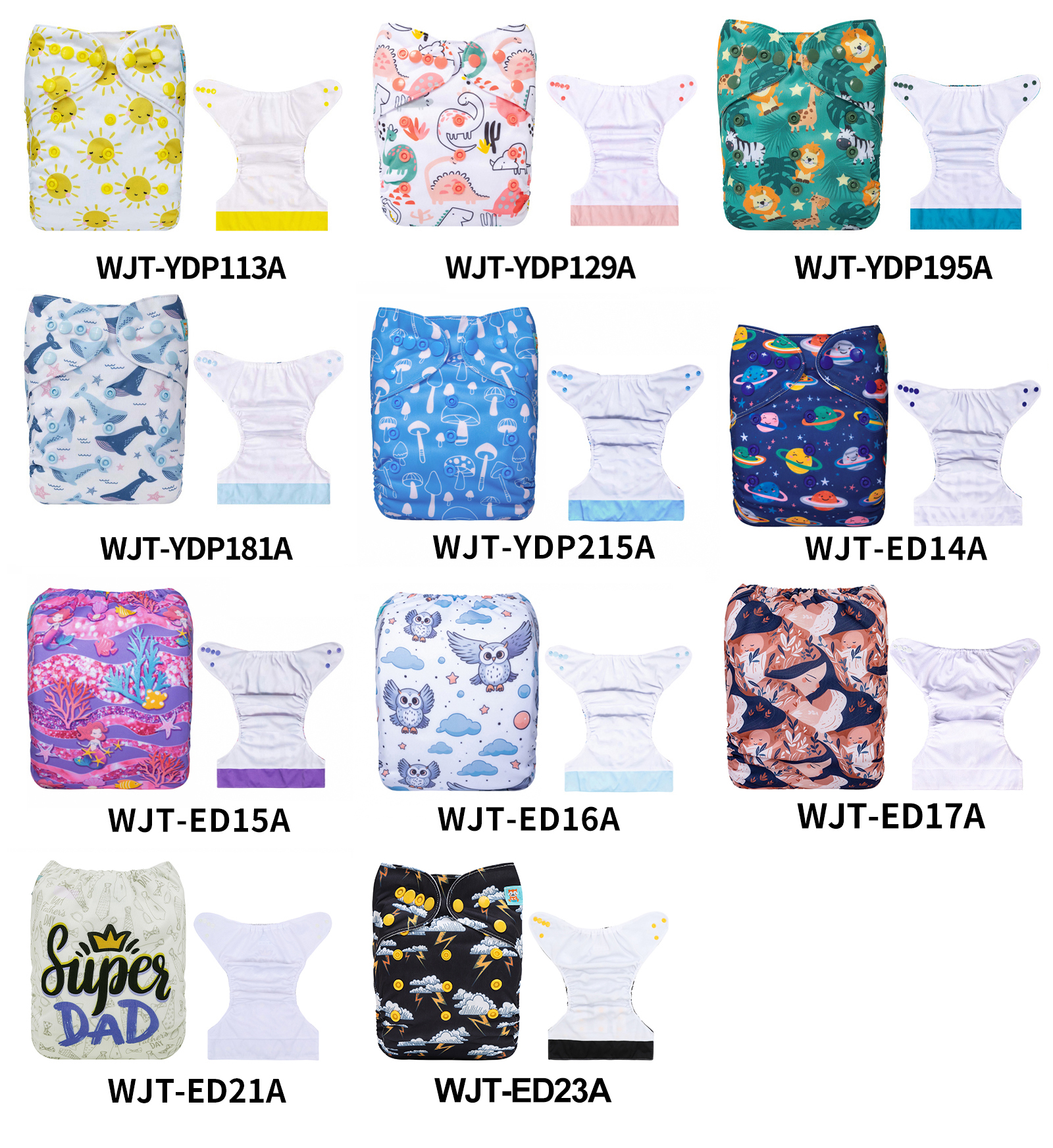 (Various Patterns) AWJ Cloth Diaper with Tummy Panel come with 4-layers-bamboo insert - One Size Adjustable & Reusable Pocket Diapers for Summer