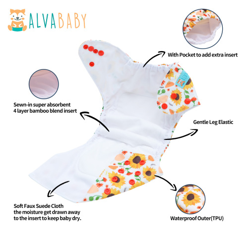 All In One Diaper with Pocket Sewn-in one 4-layer Bamboo blend insert-Sunflower(AO-EW33A)