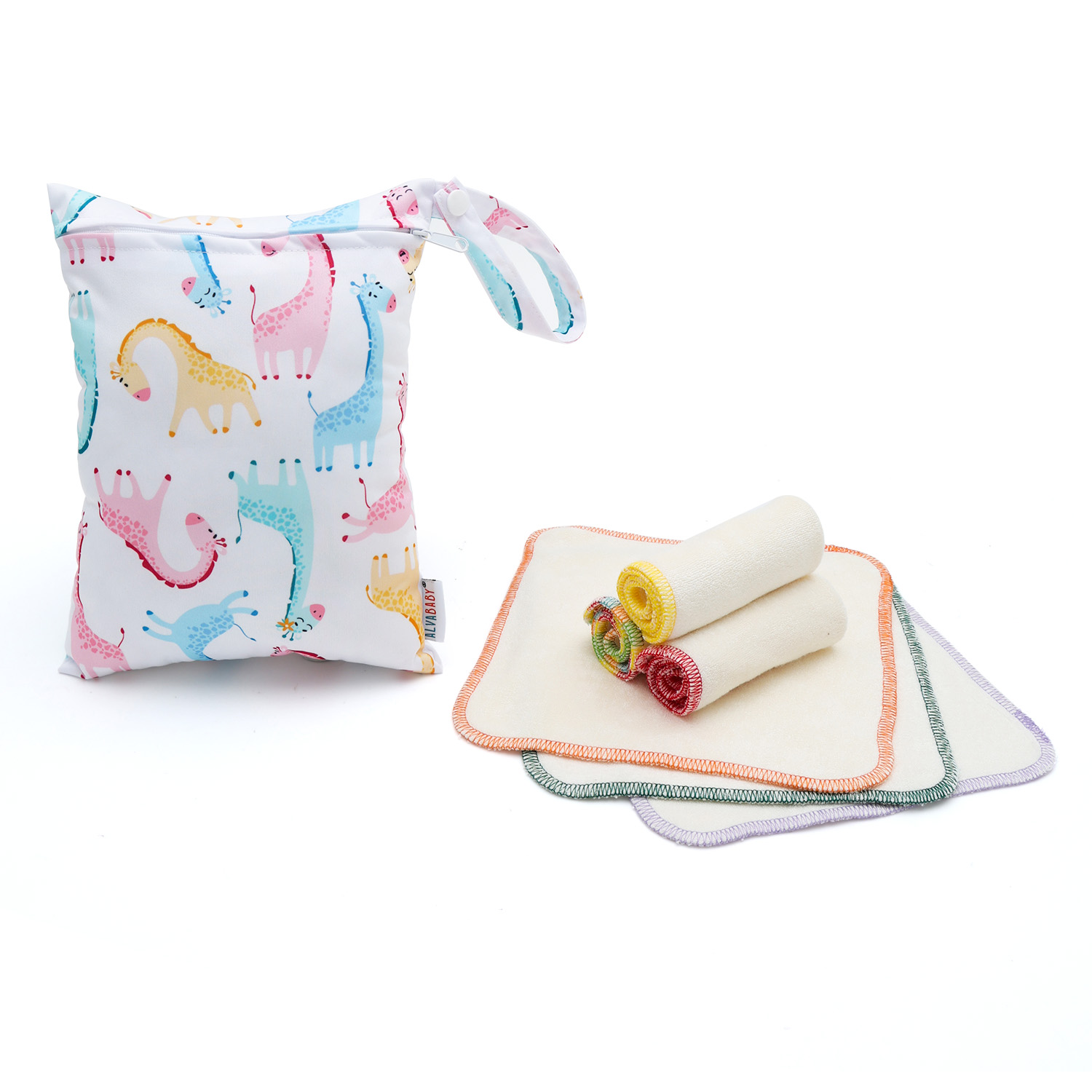 6PCS Cloth Wipes with 1PCS Wet Bag, Baby Bamboo Wipes Washable Wipes Rainbow Color Bamboo Saliva Towels (6DBW01A)