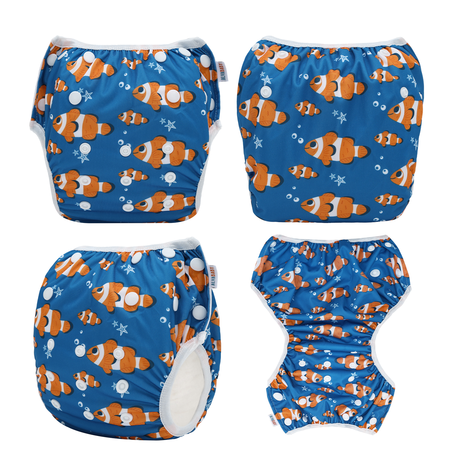 ALVABABY Reusable Swim Diaper - Adjustable One Size Swimwear for Infants & Toddlers ( Fishes SWD-BS105A)