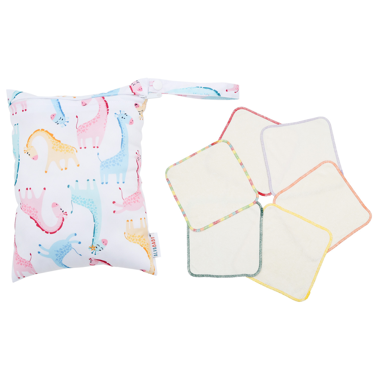 6PCS Cloth Wipes with 1PCS Wet Bag, Baby Bamboo Wipes Washable Wipes Rainbow Color Bamboo Saliva Towels (6DBW01A)