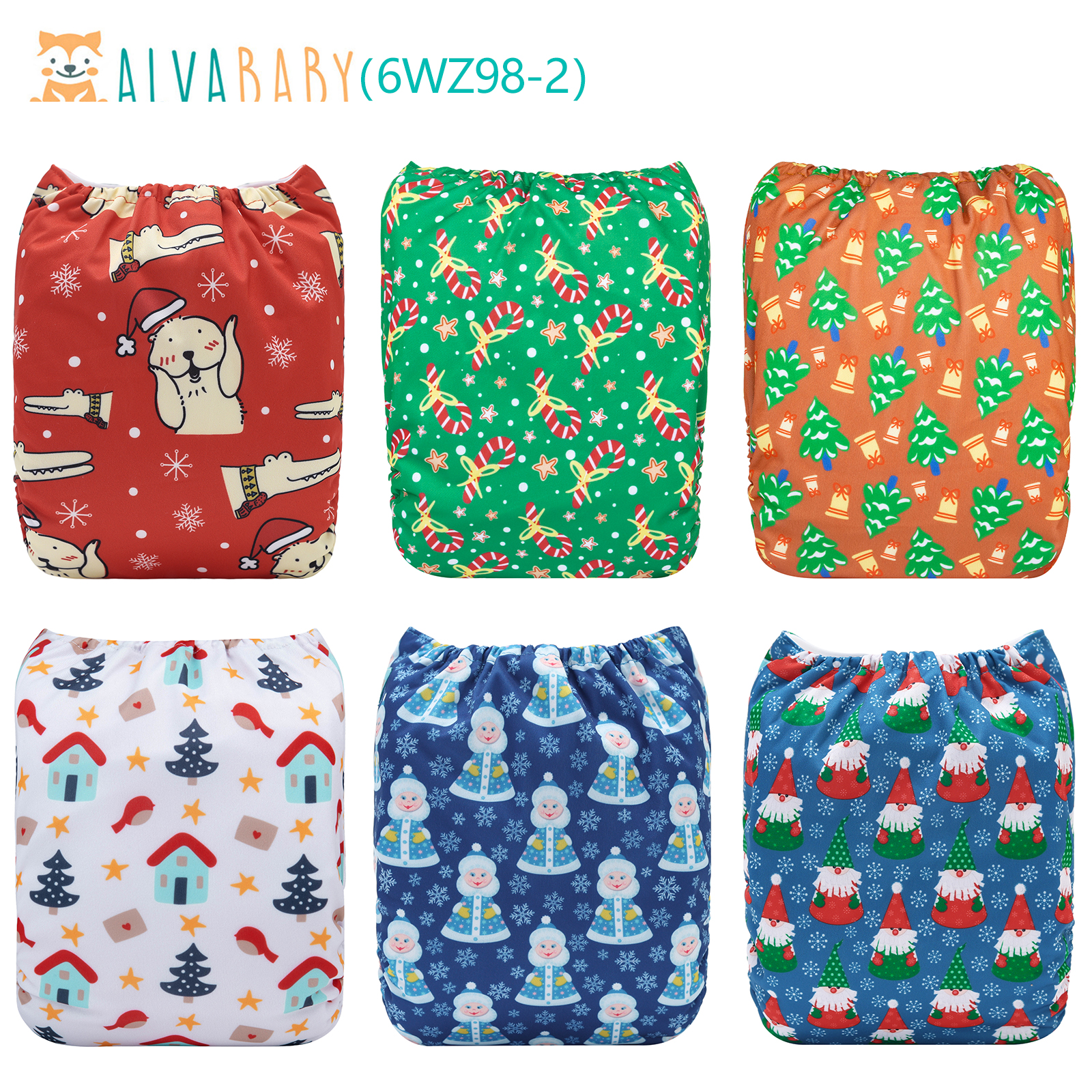 6-Pack Christmas Cloth Diapers with 6 Microfiber Inserts - One Size Reusable and Adjustable Pocket Diapers for Infants & Toddlers