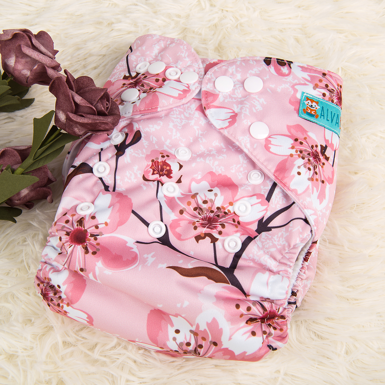 ALVABABY Print Cloth Diaper - One Size Adjustable Washable & Reusable Diaper for Babies and Toddlers (Pink plum flower, H140A)