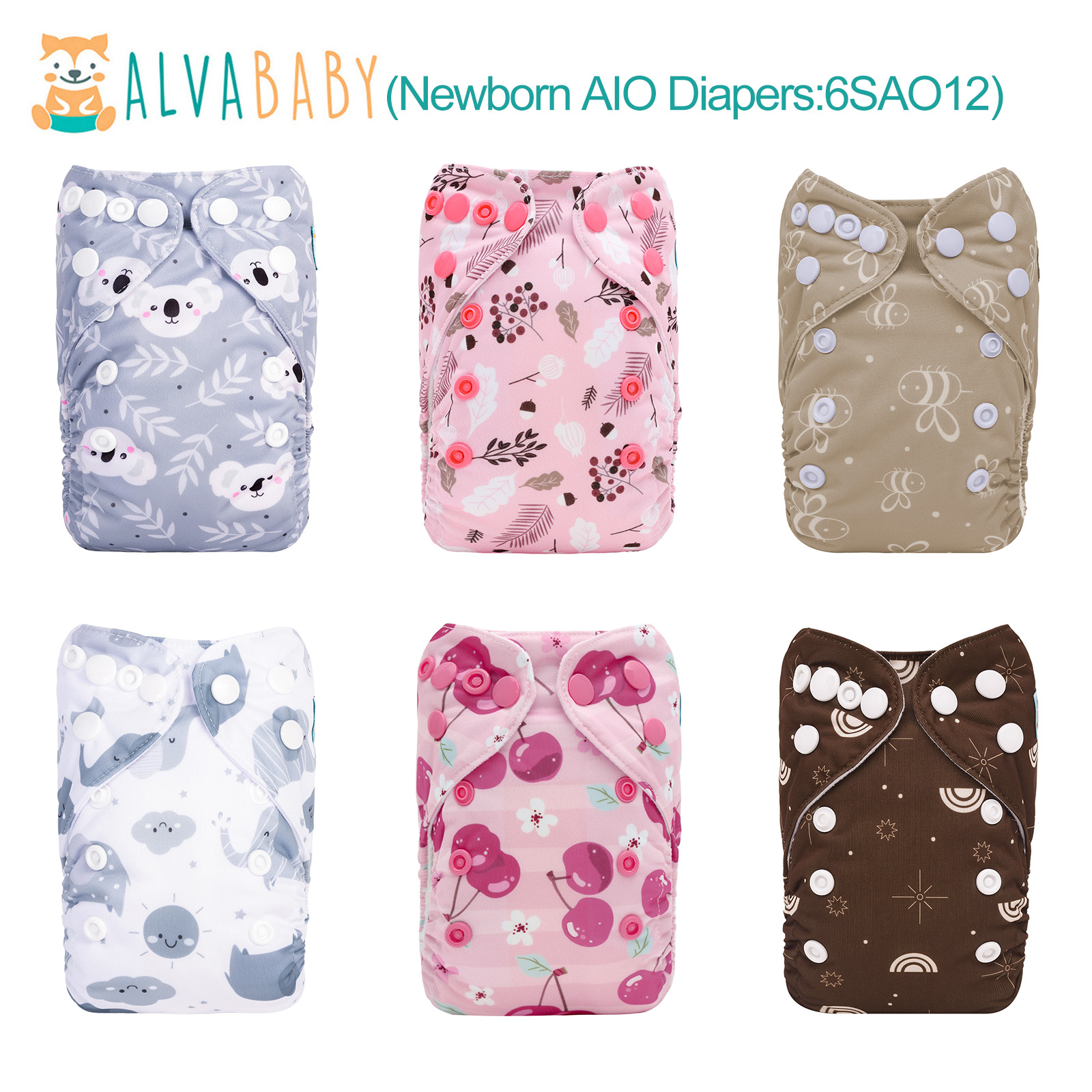 6-Pack Newborn Cloth Diapers with 6 Microfiber Inserts for Infants & Toddlers
