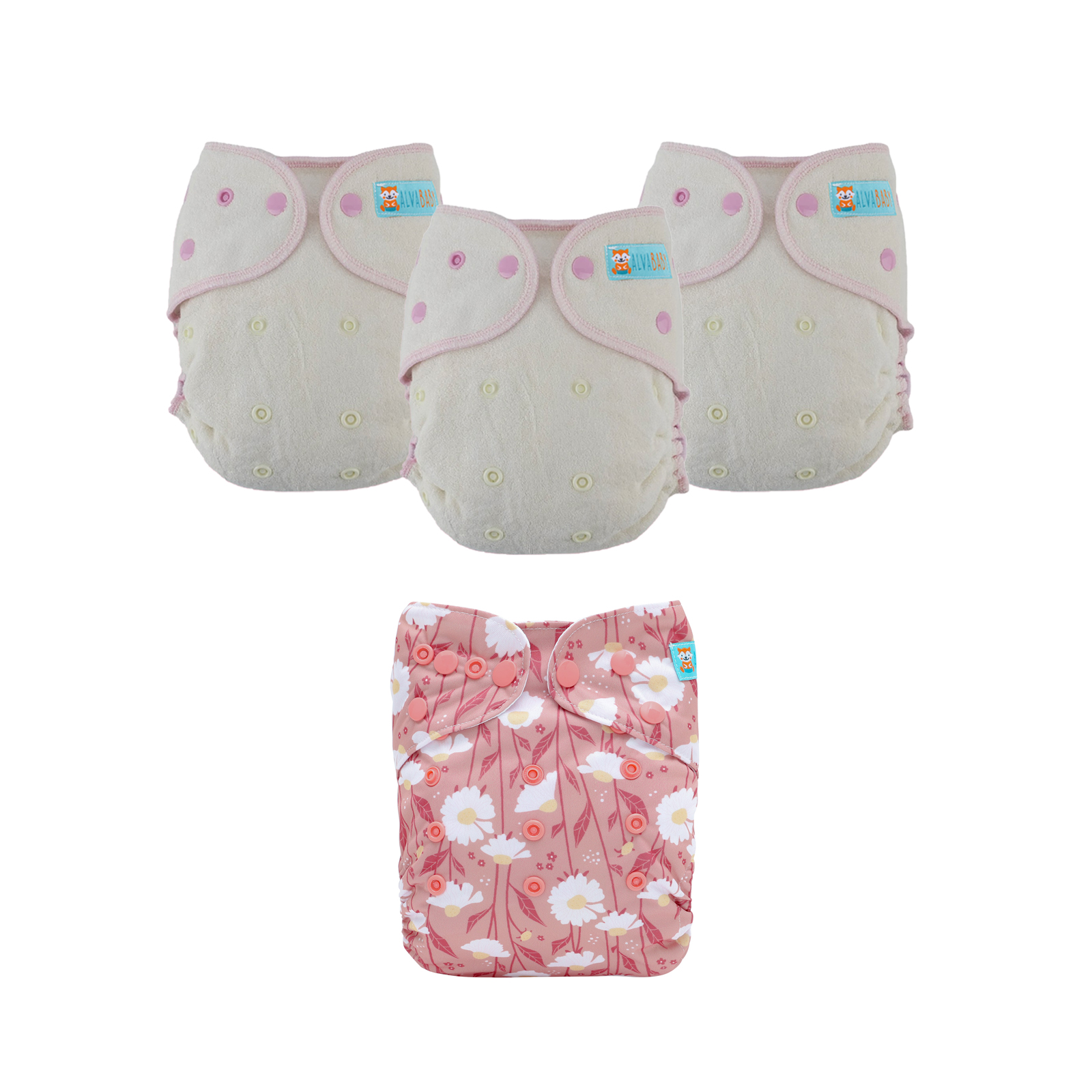 Bundle of 3 Bamboo Fitted Cloth Diapers with 1 Diaper Cover