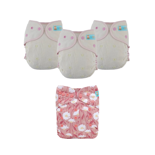 Bundle of 3 Bamboo Fitted Cloth Diapers with 1 Diaper Cover