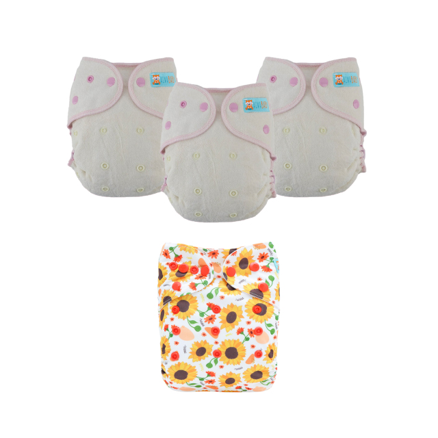 Bundle of 3 Bamboo Fitted Cloth Diapers with 1 Diaper Cover