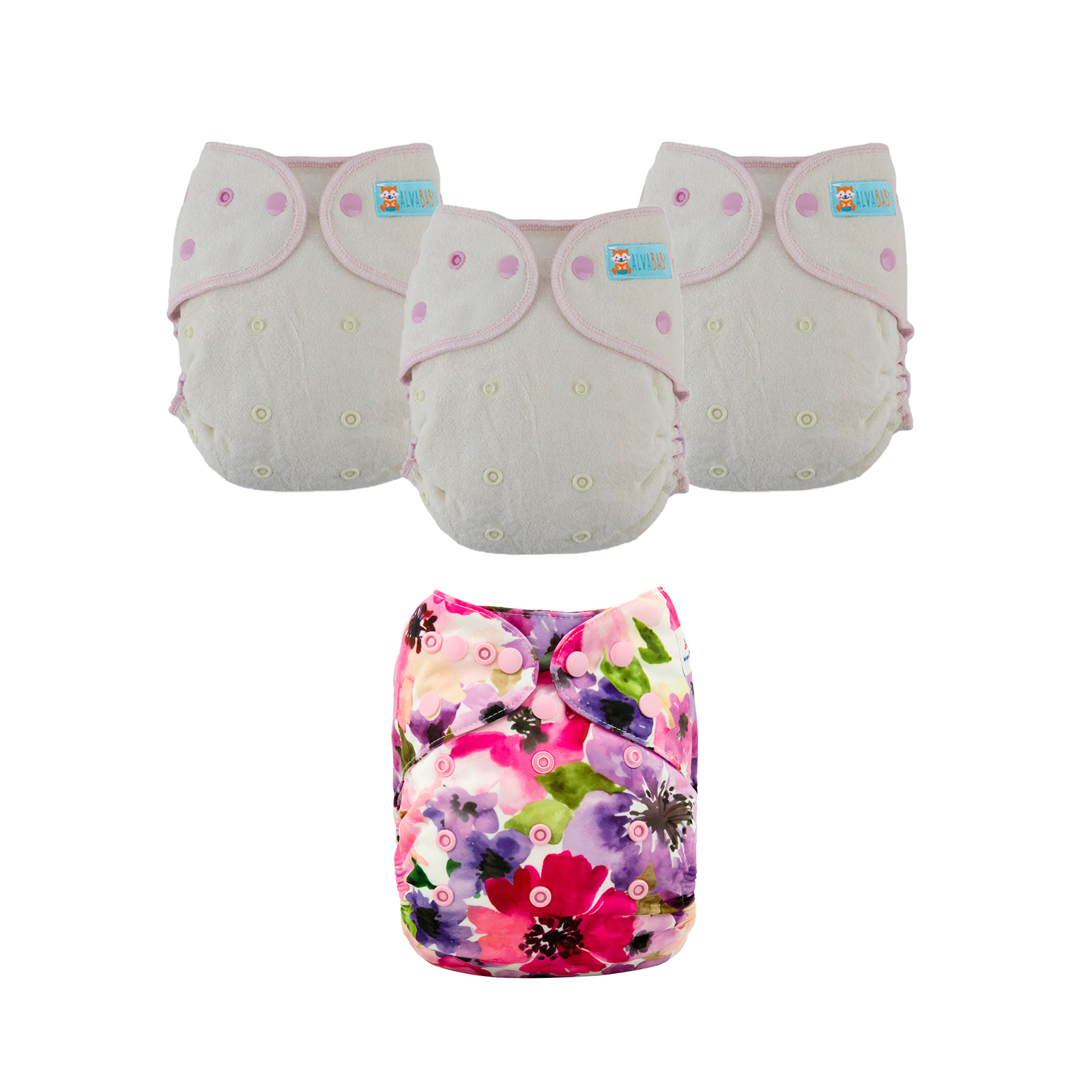 Bundle of 3 Bamboo Fitted Cloth Diapers with 1 Diaper Cover