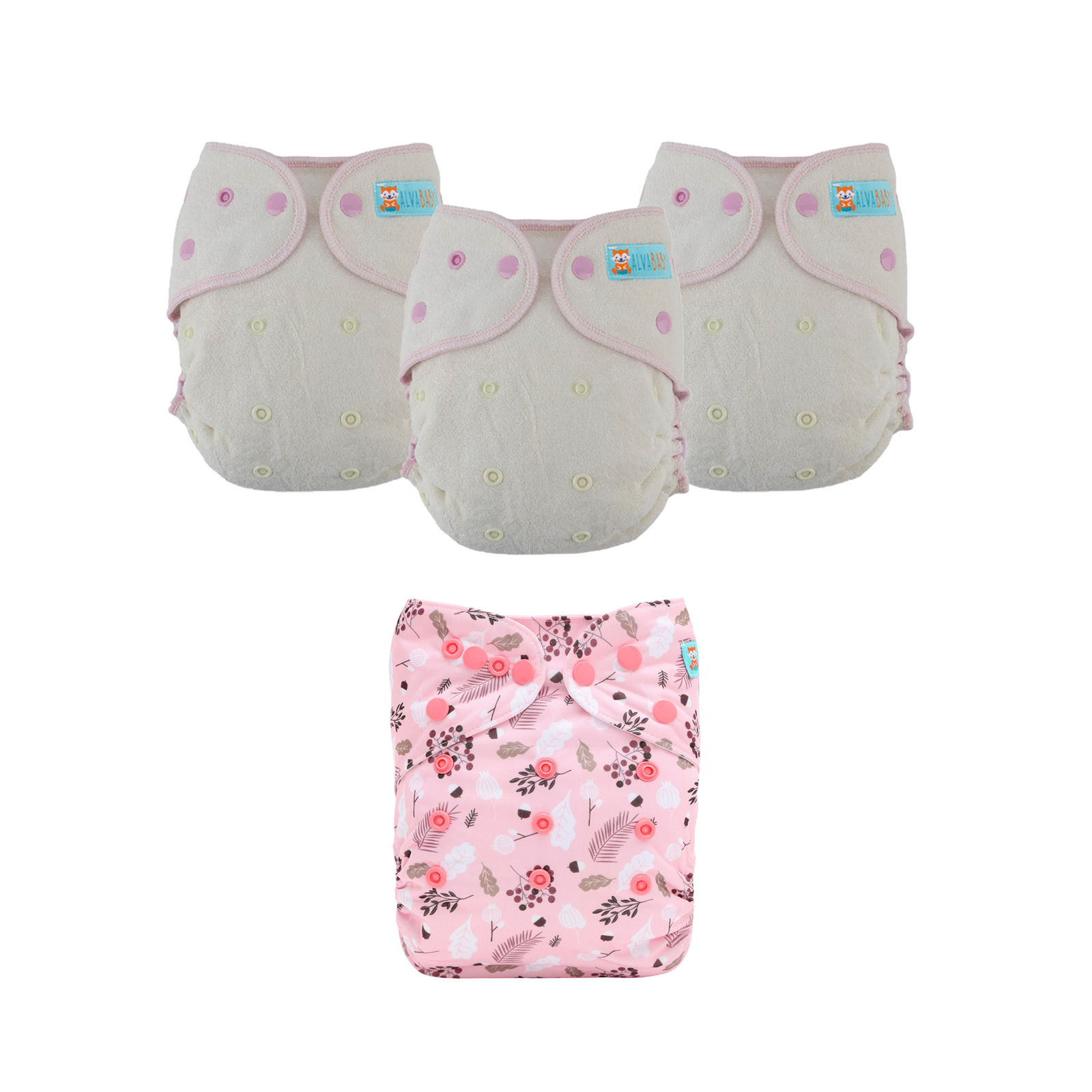 Bundle of 3 Bamboo Fitted Cloth Diapers with 1 Diaper Cover