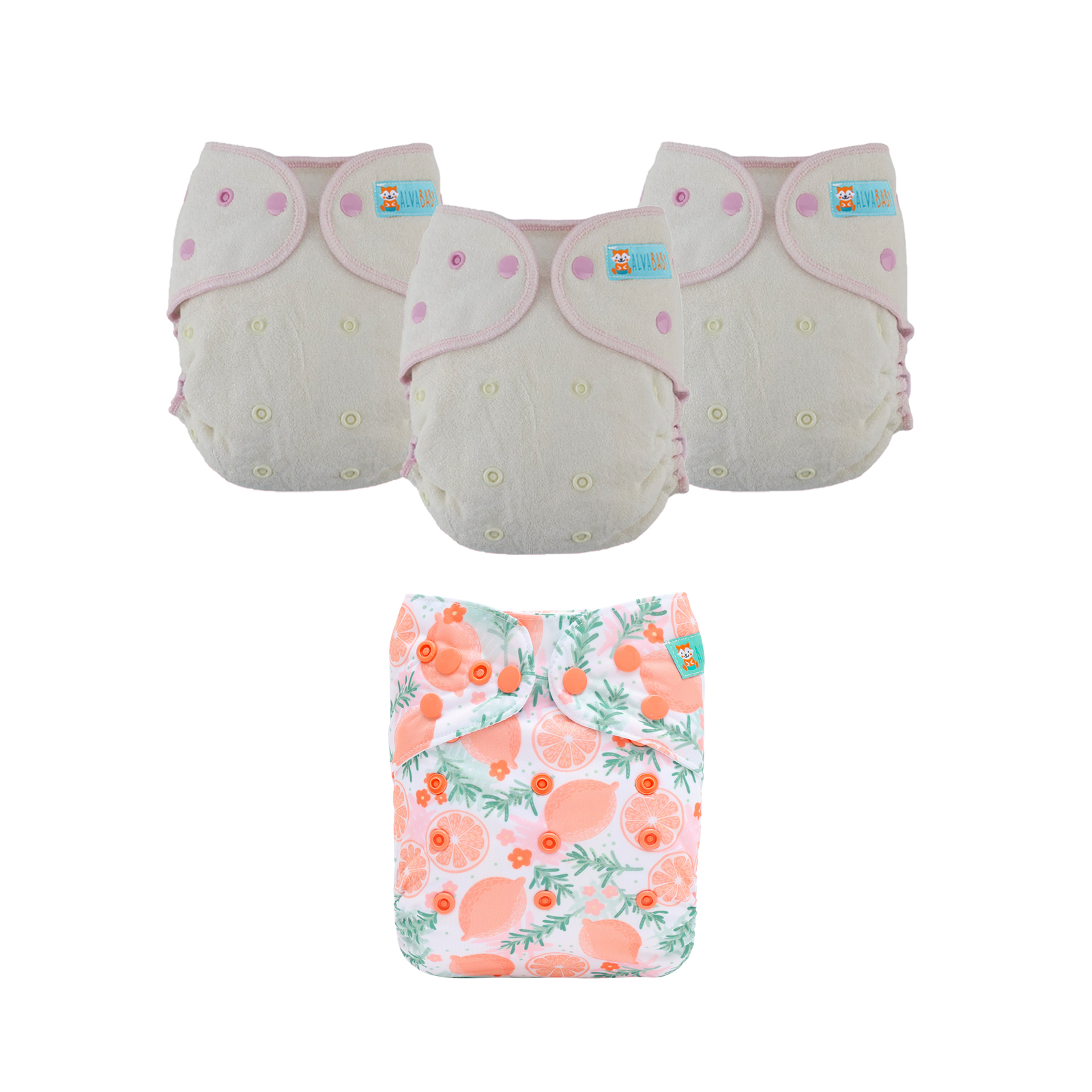 Bundle of 3 Bamboo Fitted Cloth Diapers with 1 Diaper Cover