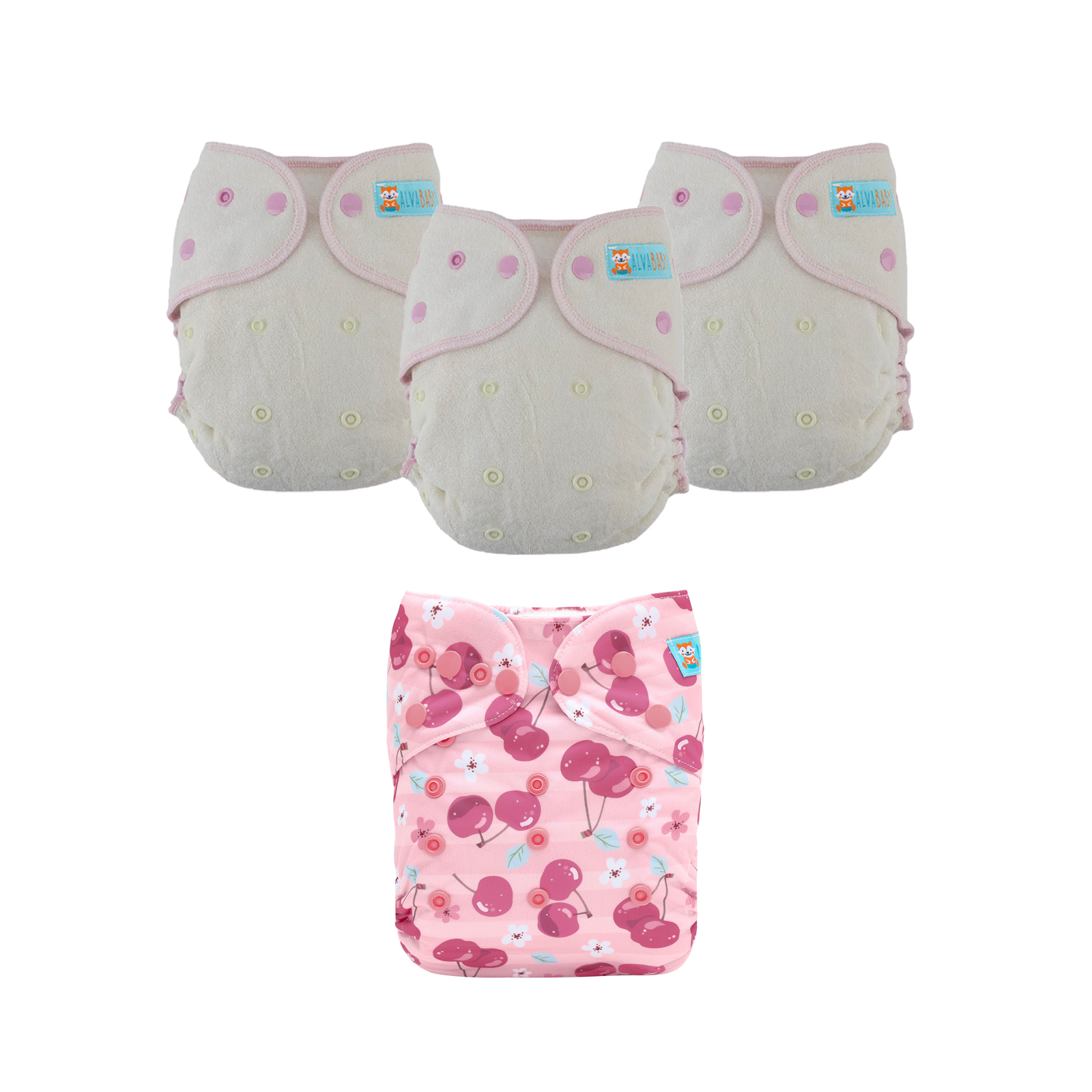 Bundle of 3 Bamboo Fitted Cloth Diapers with 1 Diaper Cover