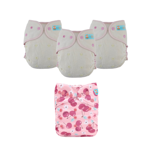 Bundle of 3 Bamboo Fitted Cloth Diapers with 1 Diaper Cover