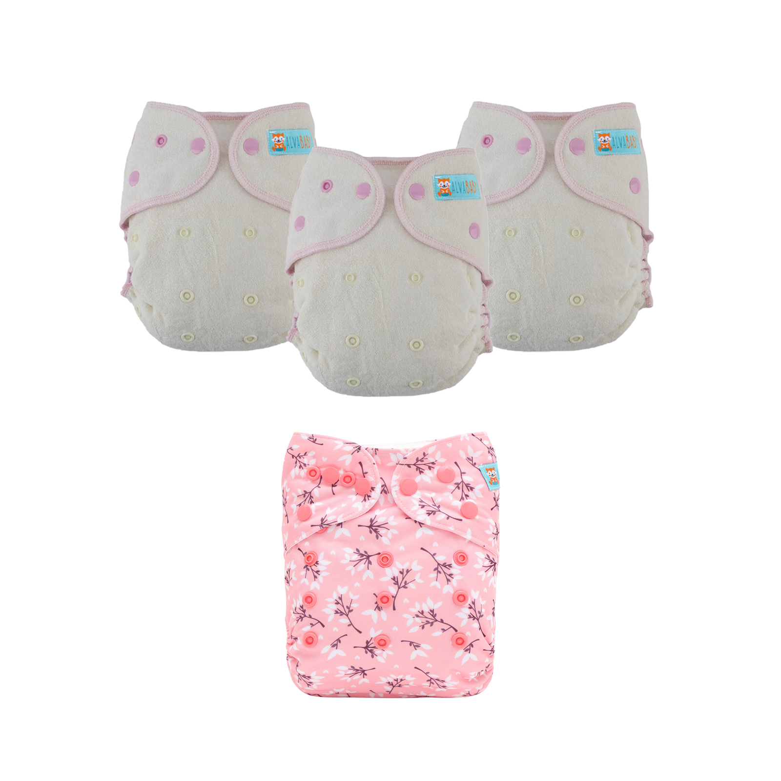 Bundle of 3 Bamboo Fitted Cloth Diapers with 1 Diaper Cover