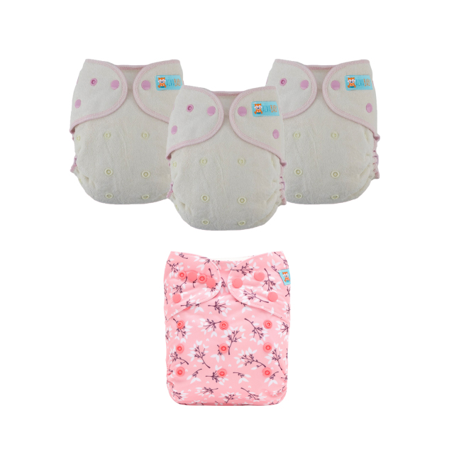Bundle of 3 Bamboo Fitted Cloth Diapers with 1 Diaper Cover