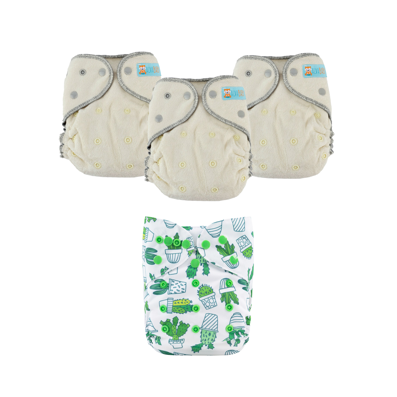 Bundle of 3 Bamboo Fitted Cloth Diapers with 1 Diaper Cover