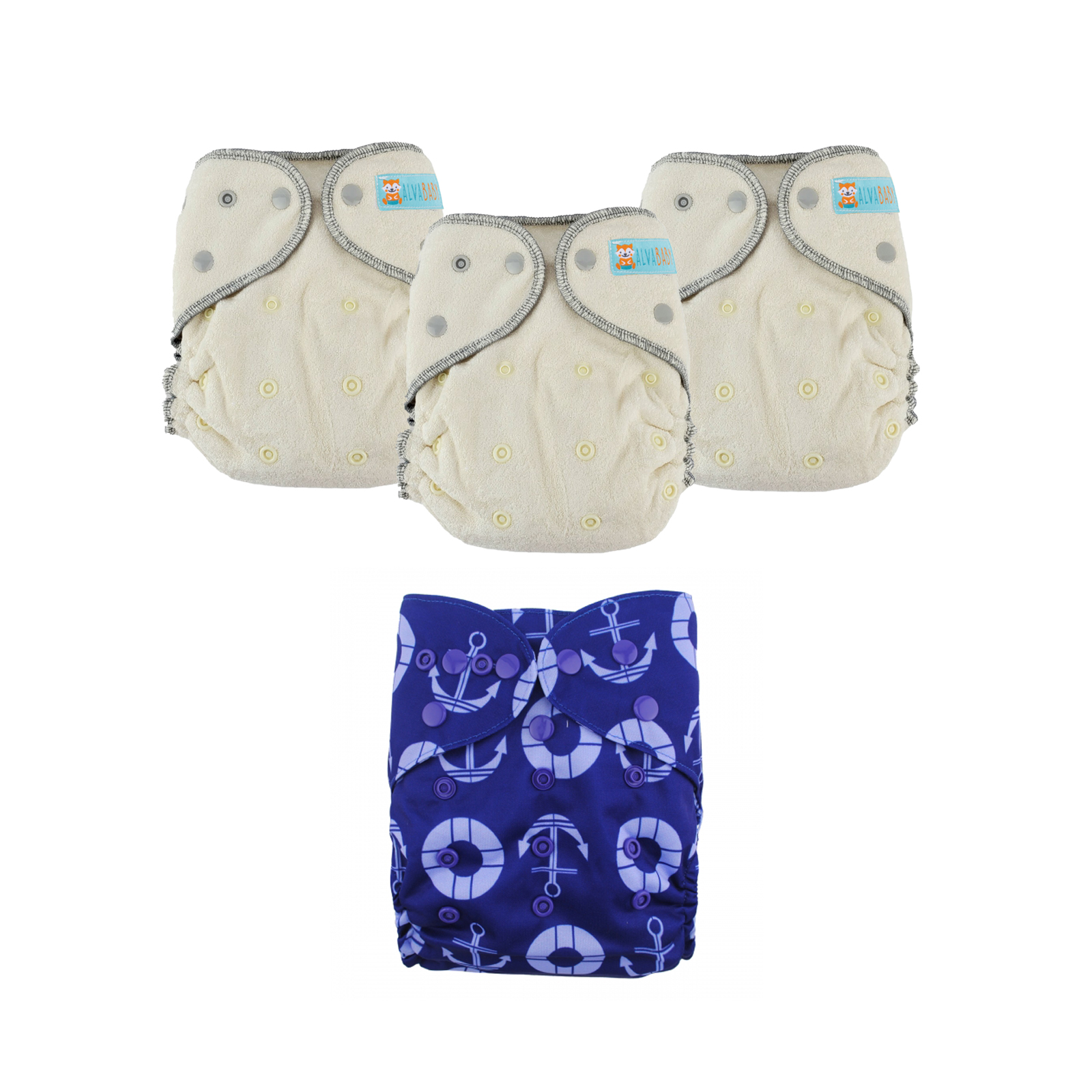 Bundle of 3 Bamboo Fitted Cloth Diapers with 1 Diaper Cover
