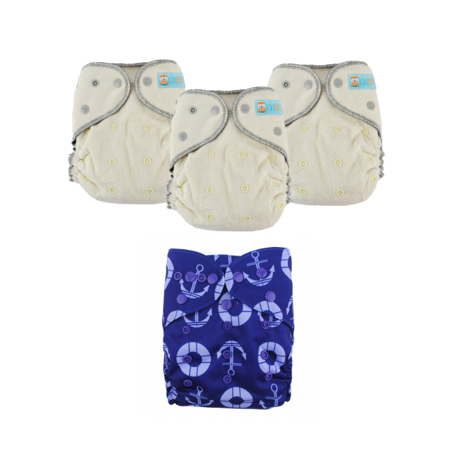 Bundle of 3 Bamboo Fitted Cloth Diapers with 1 Diaper Cover