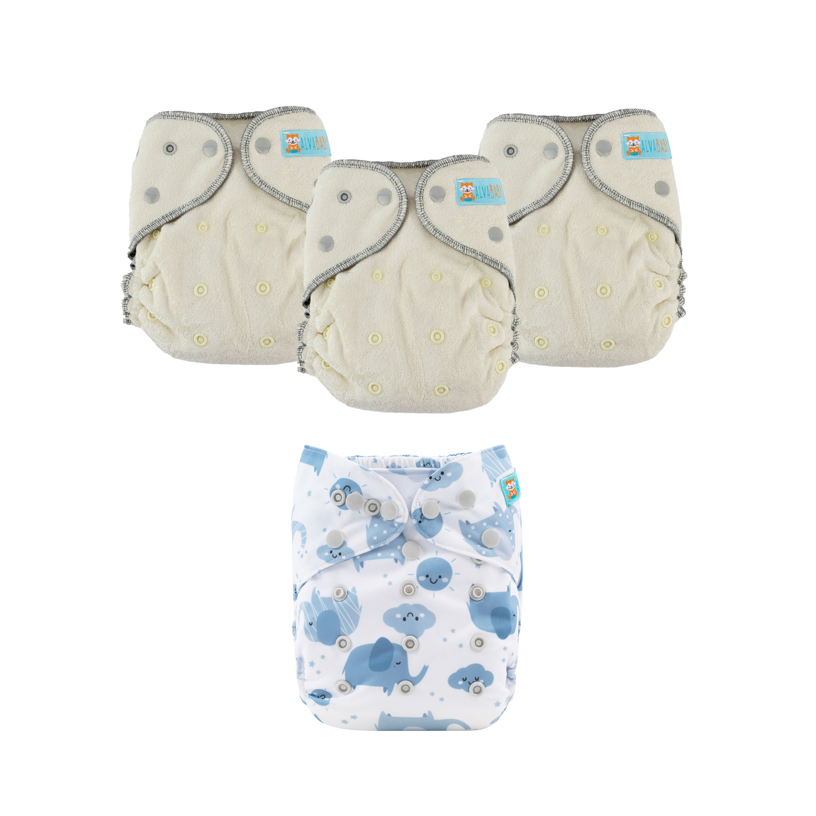 Bundle of 3 Bamboo Fitted Cloth Diapers with 1 Diaper Cover