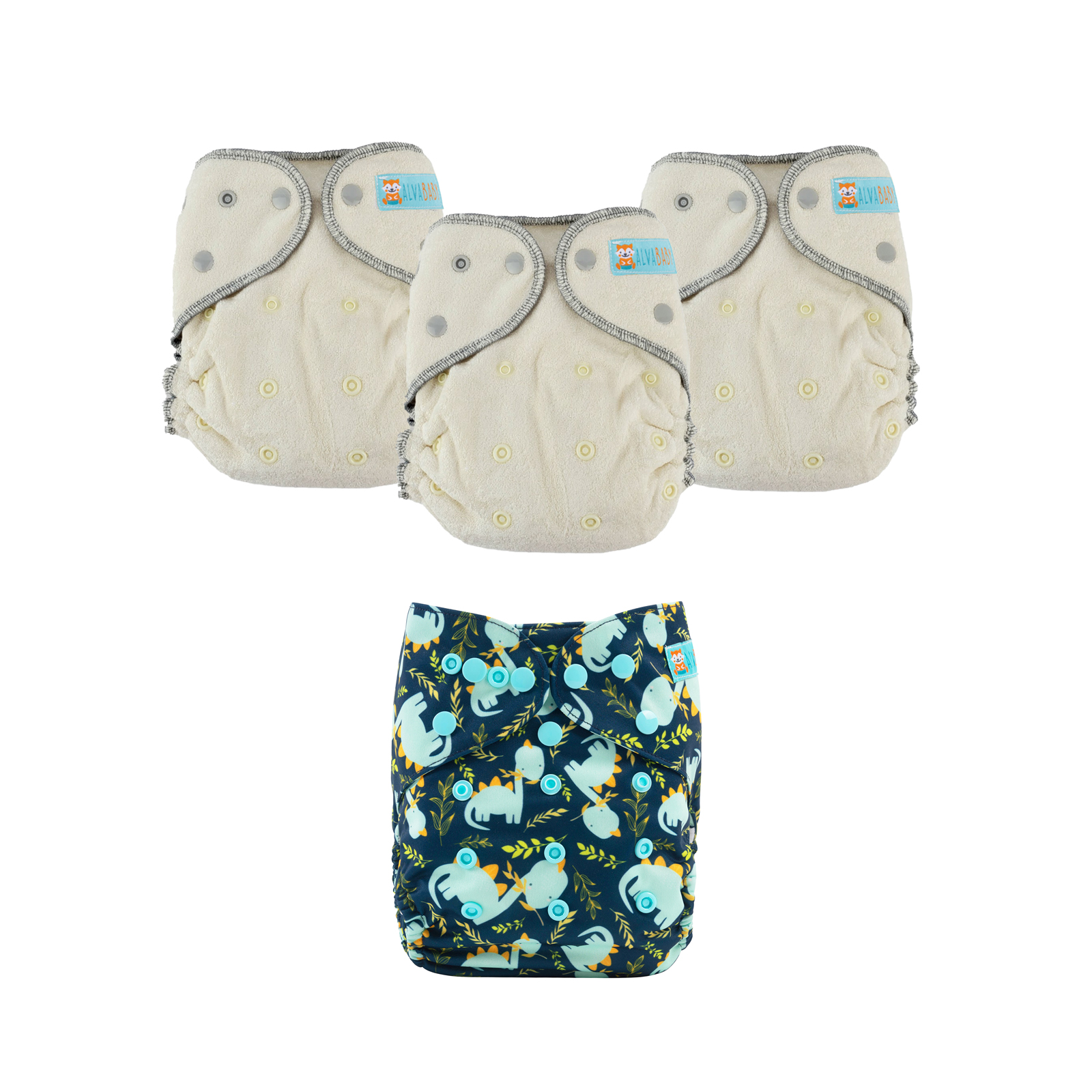 Bundle of 3 Bamboo Fitted Cloth Diapers with 1 Diaper Cover
