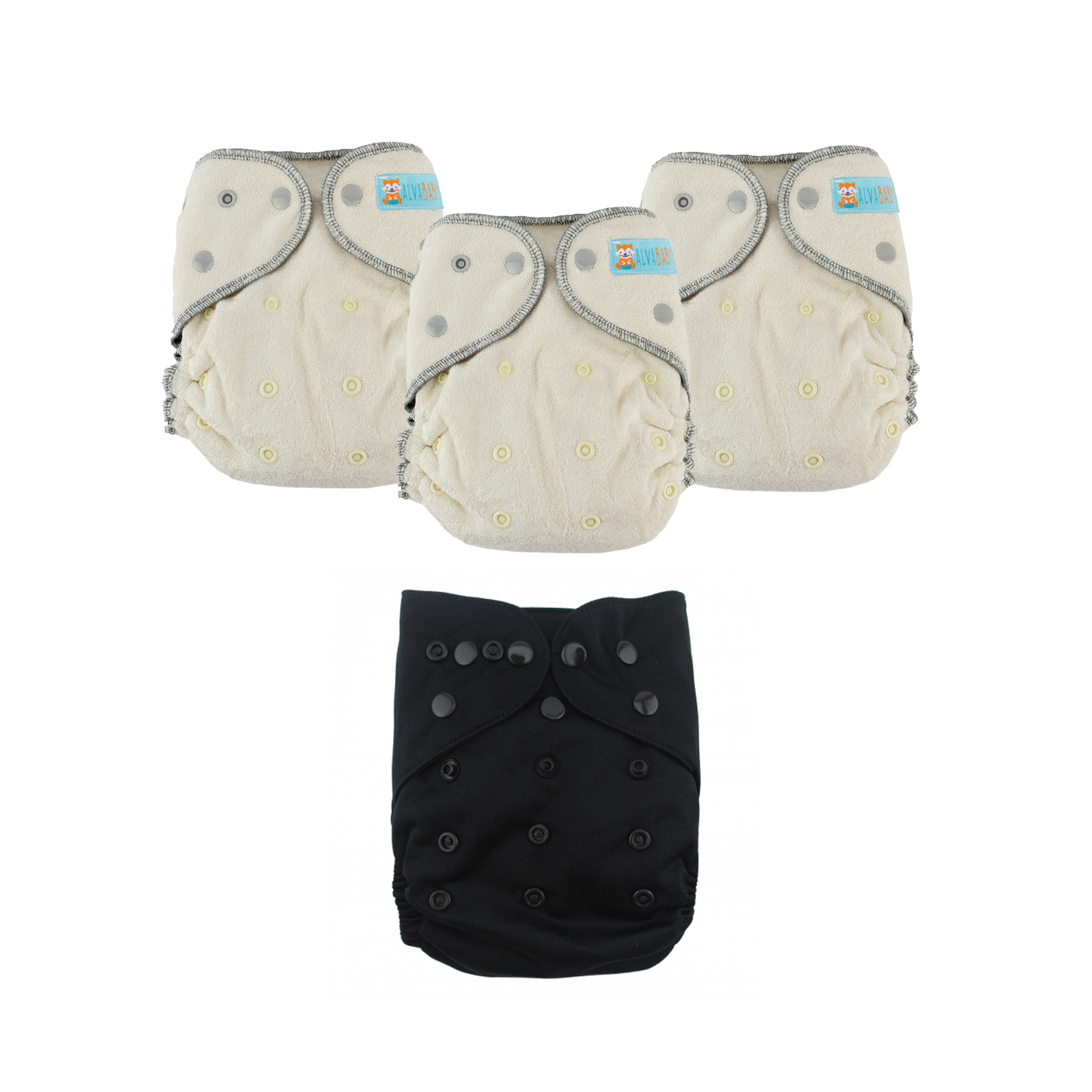 Bundle of 3 Bamboo Fitted Cloth Diapers with 1 Diaper Cover