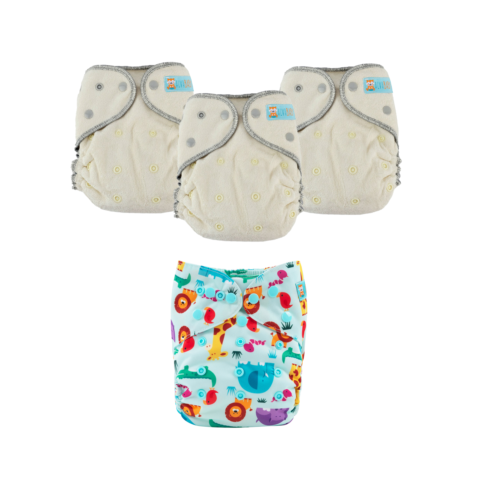 Bundle of 3 Bamboo Fitted Cloth Diapers with 1 Diaper Cover
