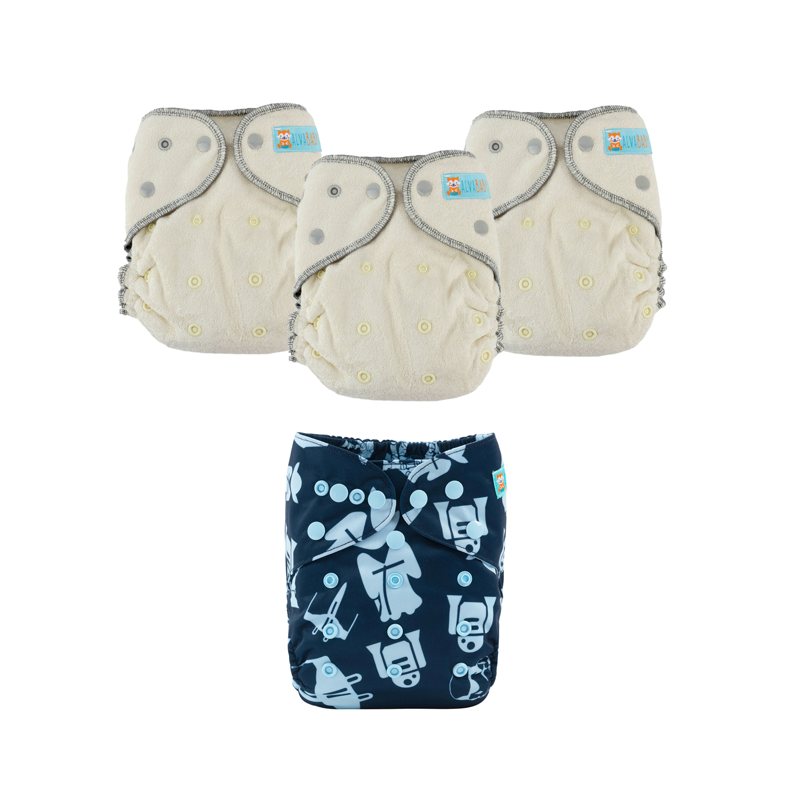 Bundle of 3 Bamboo Fitted Cloth Diapers with 1 Diaper Cover