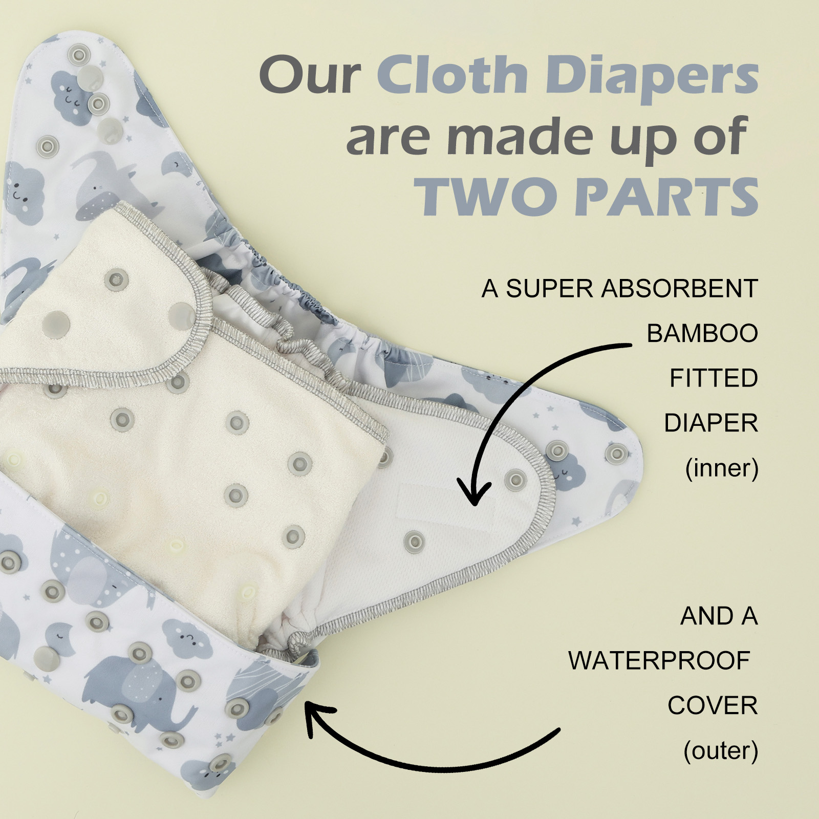 Bundle of 3 Bamboo Fitted Cloth Diapers with 1 Diaper Cover