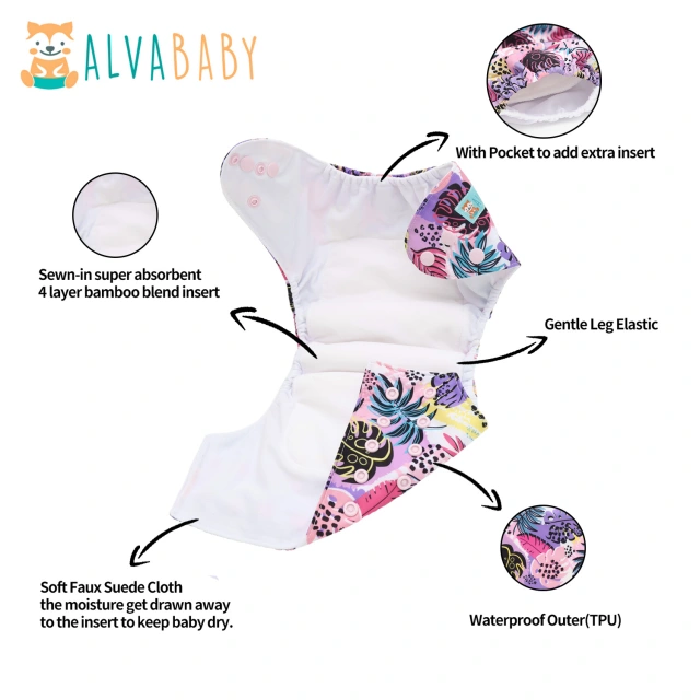 All In One Diaper with Pocket Sewn-in one 4-layer Bamboo blend insert-Flowers(AO-EW35A)