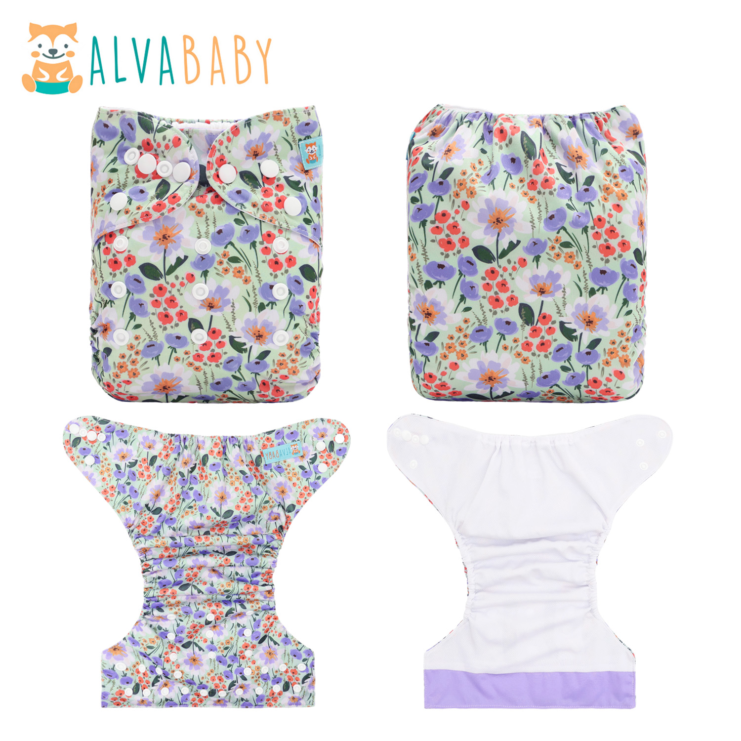 ALVABABY AWJ Lining Cloth Diaper with Tummy Panel for Babies-Flowers (WJT-ED24A)