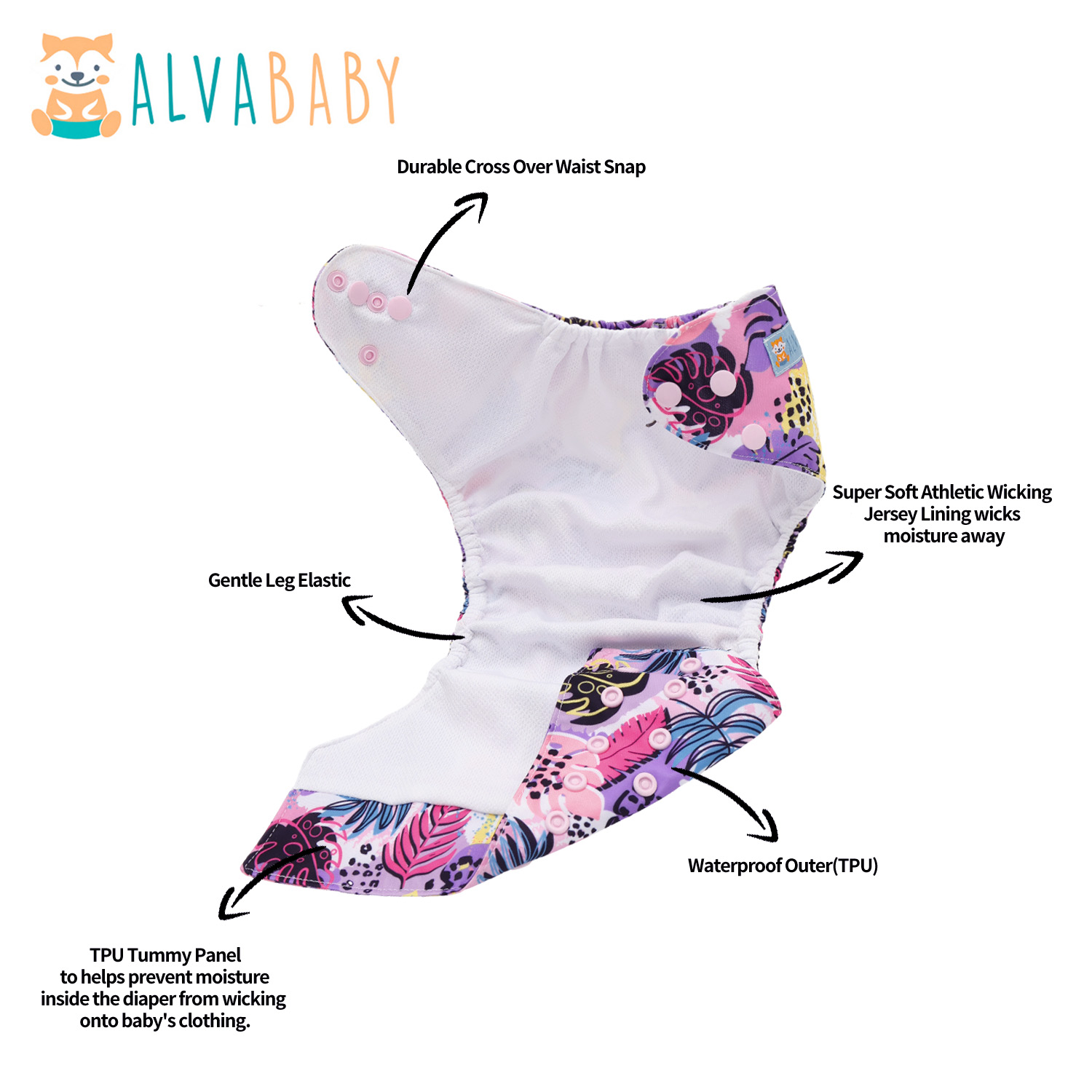 ALVABABY AWJ Lining Cloth Diaper with Tummy Panel for Babies -Leaf (WJT-EW35A)