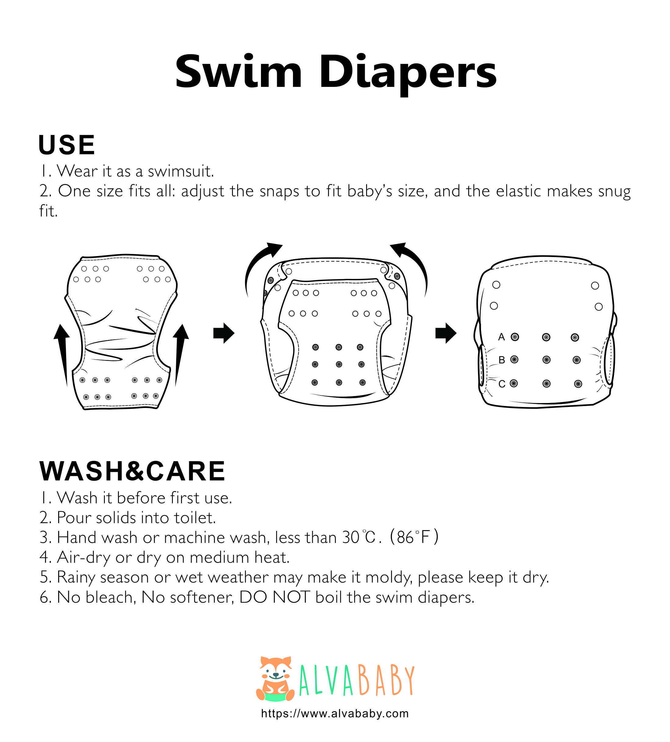 ALVABABY Reusable Swim Diaper - Adjustable One Size Swimwear for Infants & Toddlers (SWD-BS100A)