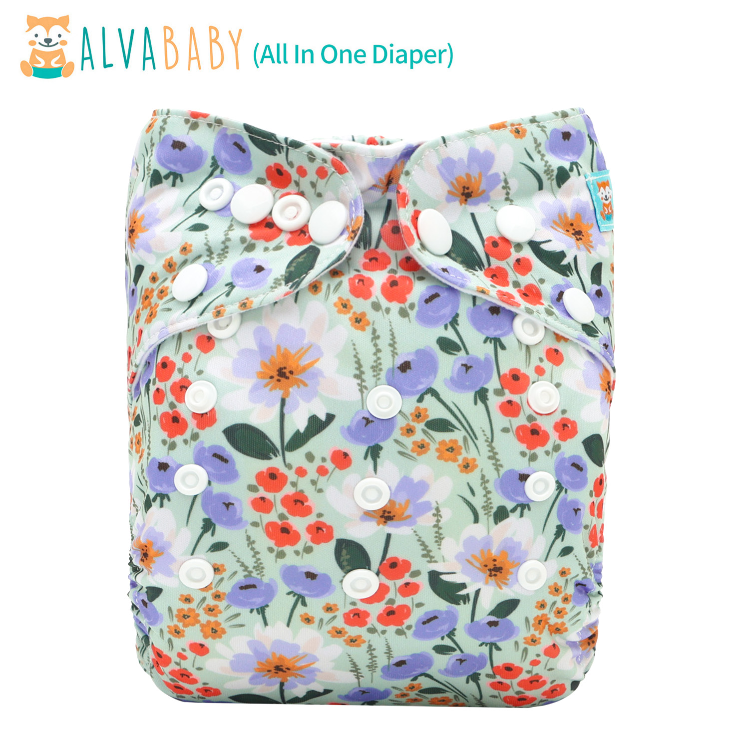 All In One Diaper with Pocket Sewn-in one 4-layer Bamboo blend insert (Flowers, AO-ED24A)