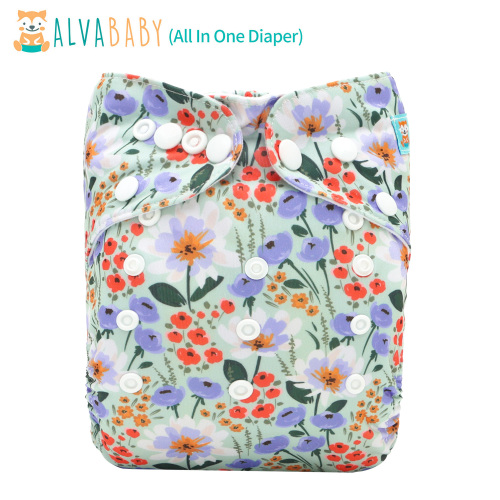 All In One Diaper with Pocket Sewn-in one 4-layer Bamboo blend insert (Flowers, AO-ED24A)