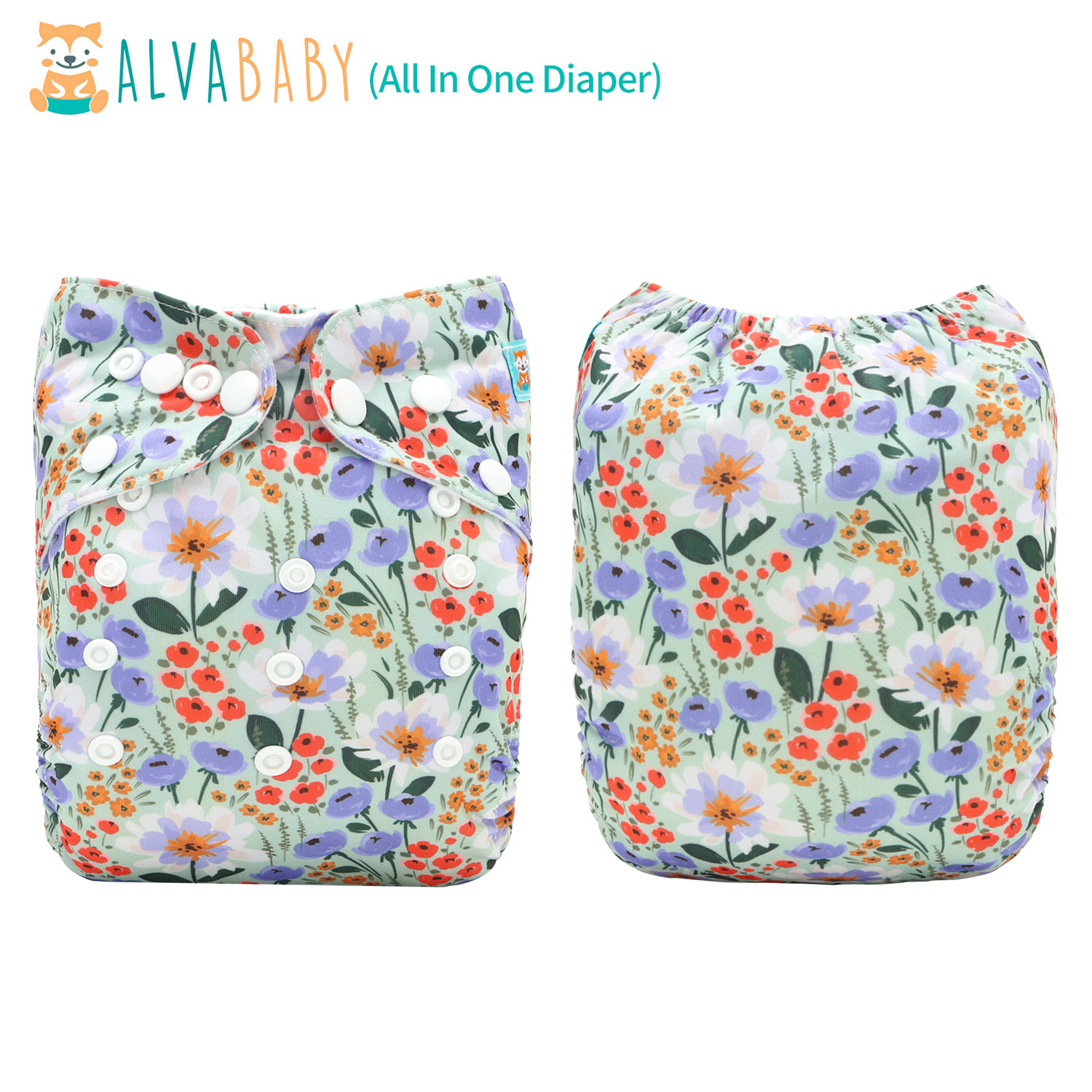 All In One Diaper with Pocket Sewn-in one 4-layer Bamboo blend insert (Flowers, AO-ED24A)