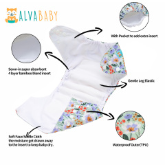All In One Diaper with Pocket Sewn-in one 4-layer Bamboo blend insert (Flowers, AO-ED24A)