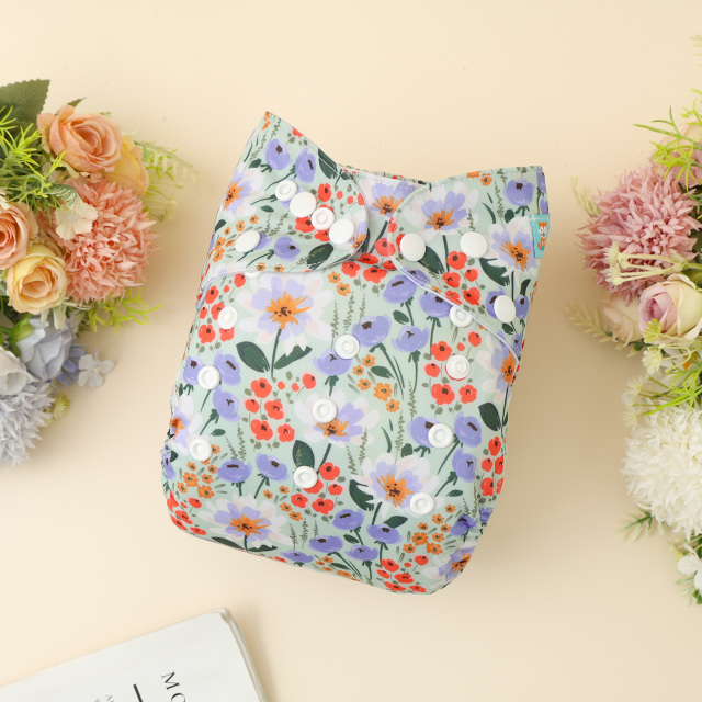 All In One Diaper with Pocket Sewn-in one 4-layer Bamboo blend insert (Flowers, AO-ED24A)