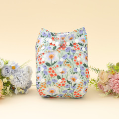 All In One Diaper with Pocket Sewn-in one 4-layer Bamboo blend insert (Flowers, AO-ED24A)