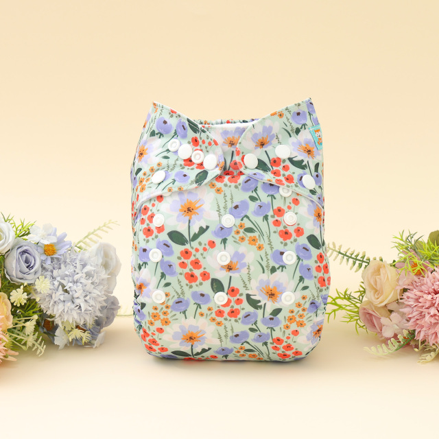 All In One Diaper with Pocket Sewn-in one 4-layer Bamboo blend insert (Flowers, AO-ED24A)