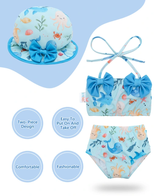 ALVABABY Toddler Baby Girls Swimsuit with Hat – Sleeveless Reusable Bathing Suit Bikini for Summer Beach & Pool