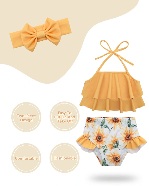 ALVABABY Toddler Baby Girls Swimsuit with Headband – Sleeveless Reusable Bathing Suit Bikini for Summer Beach & Pool