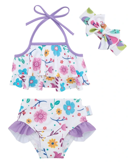 ALVABABY Toddler Baby Girls Swimsuit with Headband – Sleeveless Reusable Bathing Suit Bikini for Summer Beach & Pool