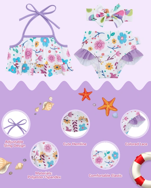 ALVABABY Toddler Baby Girls Swimsuit with Headband – Sleeveless Reusable Bathing Suit Bikini for Summer Beach & Pool