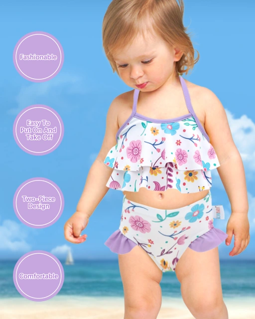 ALVABABY Toddler Baby Girls Swimsuit with Headband – Sleeveless Reusable Bathing Suit Bikini for Summer Beach & Pool