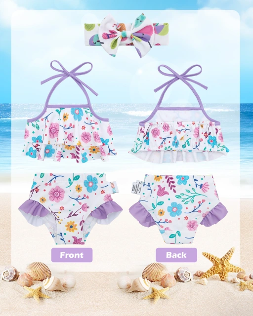 ALVABABY Toddler Baby Girls Swimsuit with Headband – Sleeveless Reusable Bathing Suit Bikini for Summer Beach & Pool