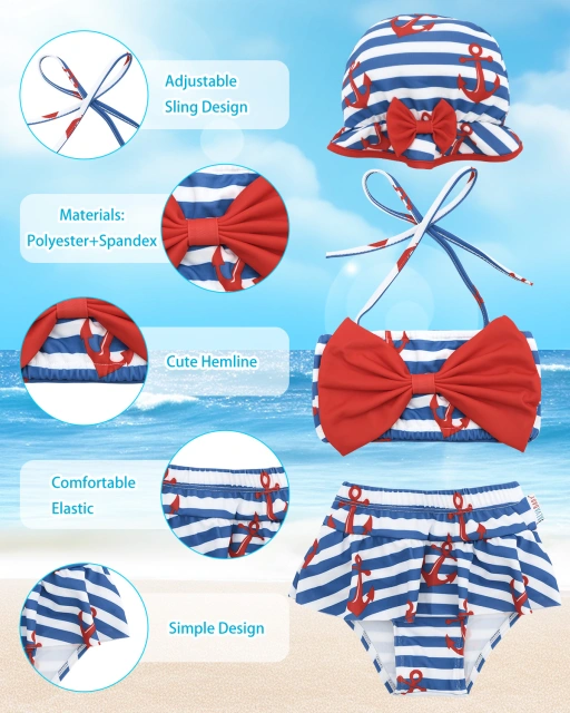 ALVABABY Toddler Baby Girls Swimsuit with Hat – Sleeveless Reusable Bathing Suit Bikini for Summer Beach & Pool