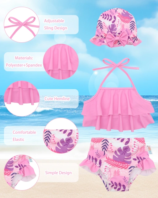 ALVABABY Toddler Baby Girls Swimsuit with Hat – Sleeveless Reusable Bathing Suit Bikini for Summer Beach & Pool