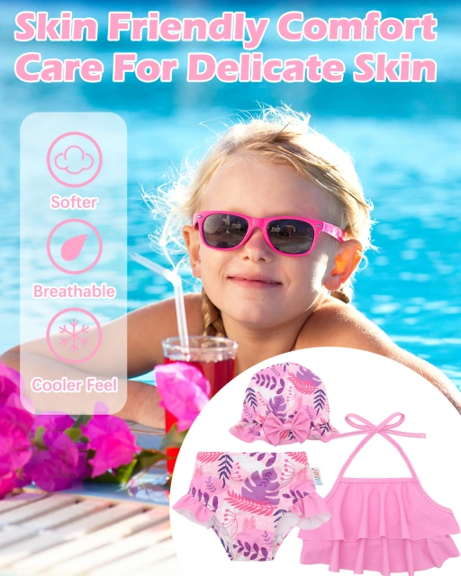 ALVABABY Toddler Baby Girls Swimsuit with Hat – Sleeveless Reusable Bathing Suit Bikini for Summer Beach & Pool