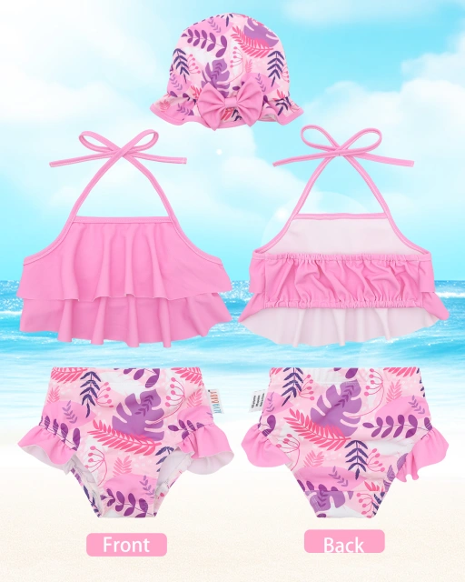 ALVABABY Toddler Baby Girls Swimsuit with Hat – Sleeveless Reusable Bathing Suit Bikini for Summer Beach & Pool