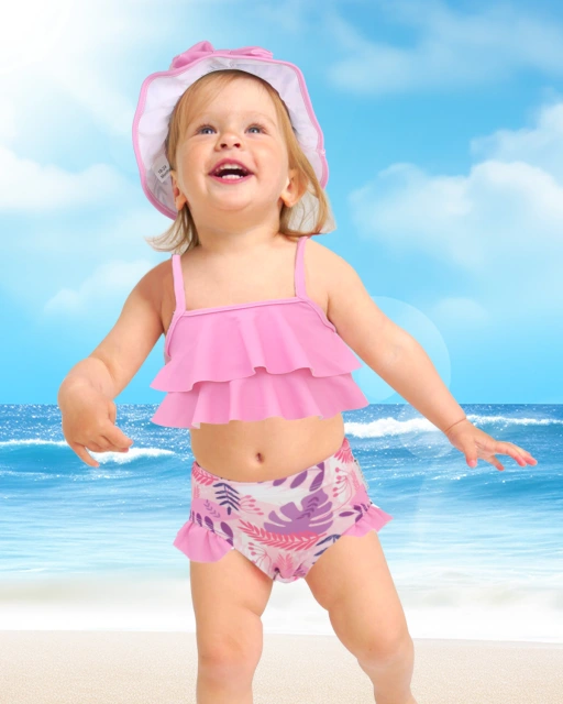 ALVABABY Toddler Baby Girls Swimsuit with Hat – Sleeveless Reusable Bathing Suit Bikini for Summer Beach & Pool